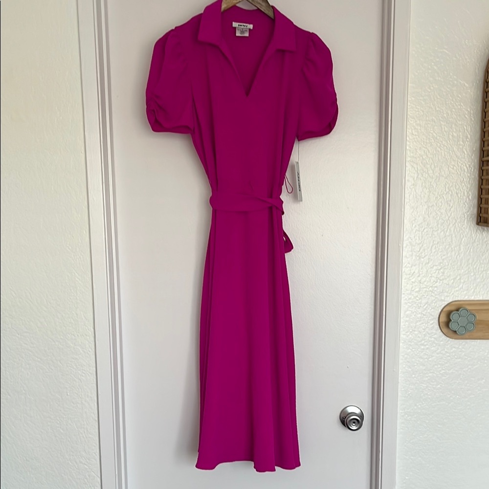 DKNY Pink Wrap Midi Dress with Puff Sleeves